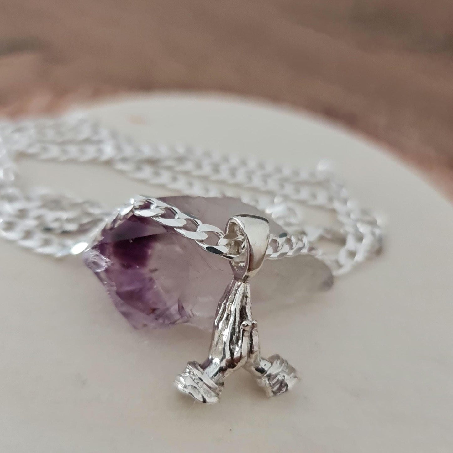 Sterling Silver Praying Hands Pendant: Victorian Style Faith Jewelry