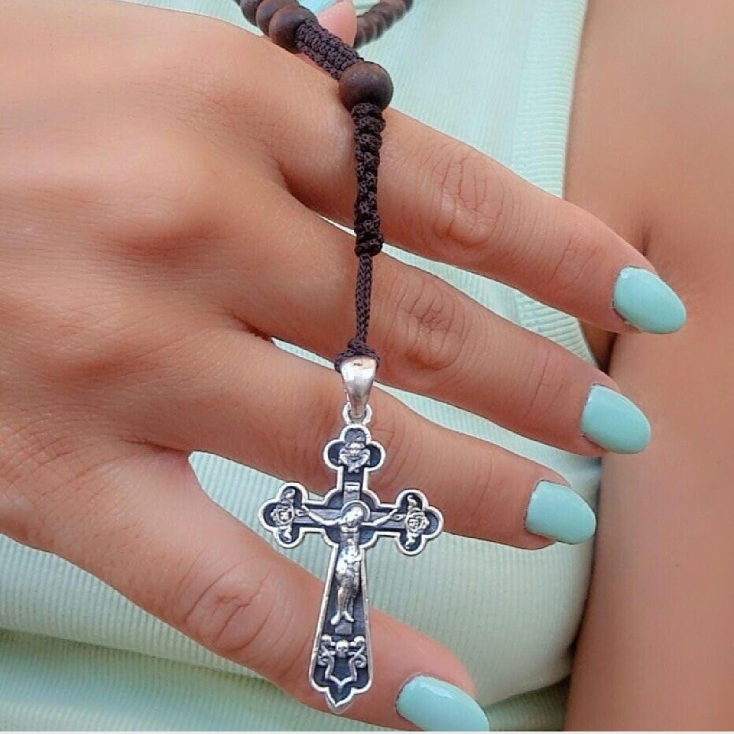 Handmade Sterling Silver Rosary Necklace: Jesus Crucifix Cross Pendant