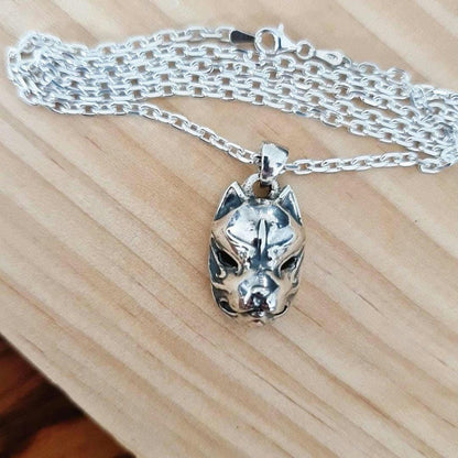 Sterling Silver Japanese Kitsune Fox Mask Pendant: Edgy Inari Necklace