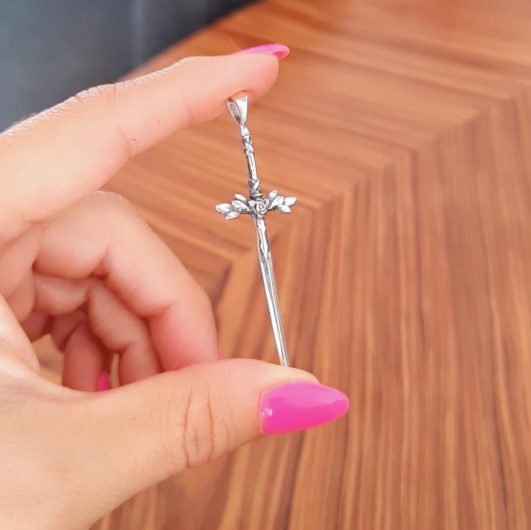 Sterling Silver Blue Rose Sword Pendant: Anime Fantasy Jewelry