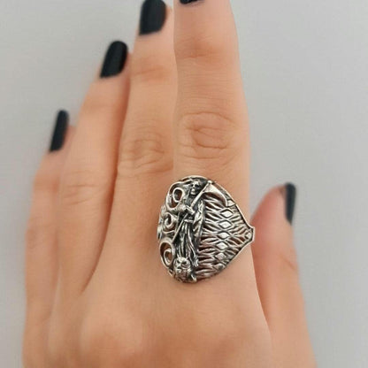 Santa Muerte Ring  925 Silver  -Saint Death Ring with modern pattern solid  Ring
