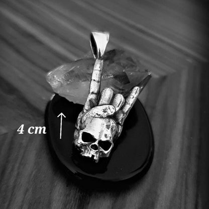 Sterling Silver Rock On Skull Pendant: Punk Gothic Jewelry