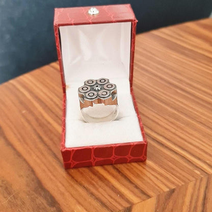 Bullet Revolver Ring - Ammo Signet Ring: Sterling Silver  Bullet Casing, Rebel Biker Style, Magnum Revolver Gun Cylinder Ring