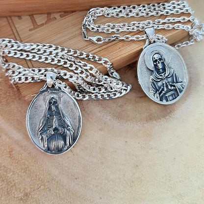 925 Silver Santa Muerte Pendant: Gothic Praying Skull Necklace