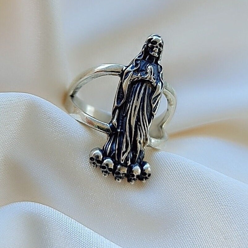 Handmade Santa Muerte Ring: Gothic 925 Silver Skull Ring