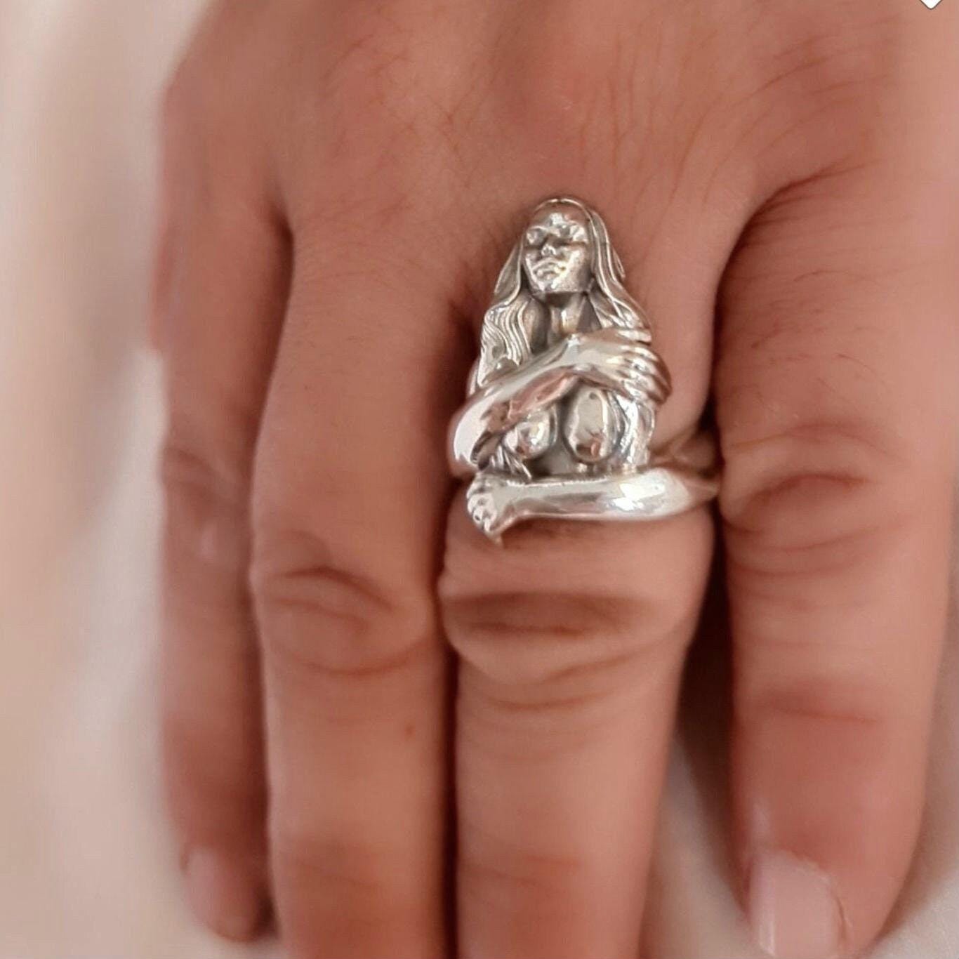 Handmade Sterling Silver Goddess Ring: Gothic Retro Statement Jewelry