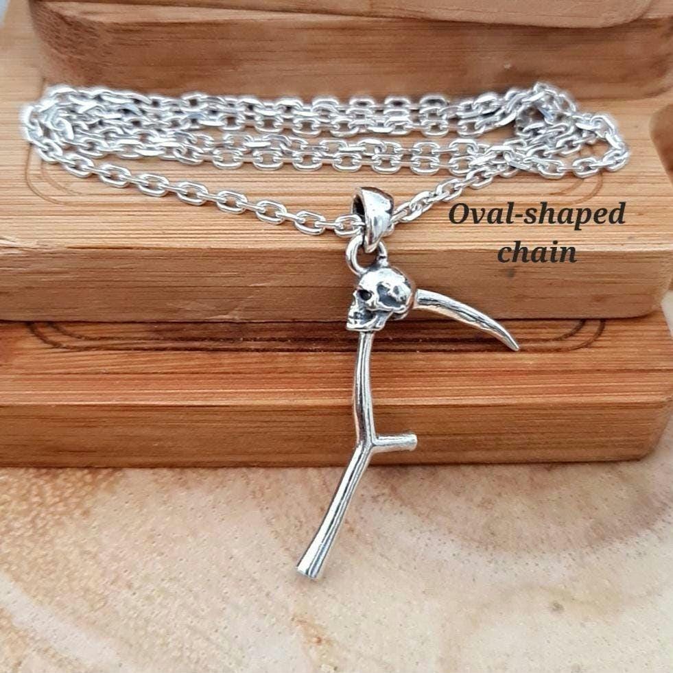 Grim Reaper Scythe Pendant: Sterling Silver Skull Necklace, Gothic La Muerte Talisman