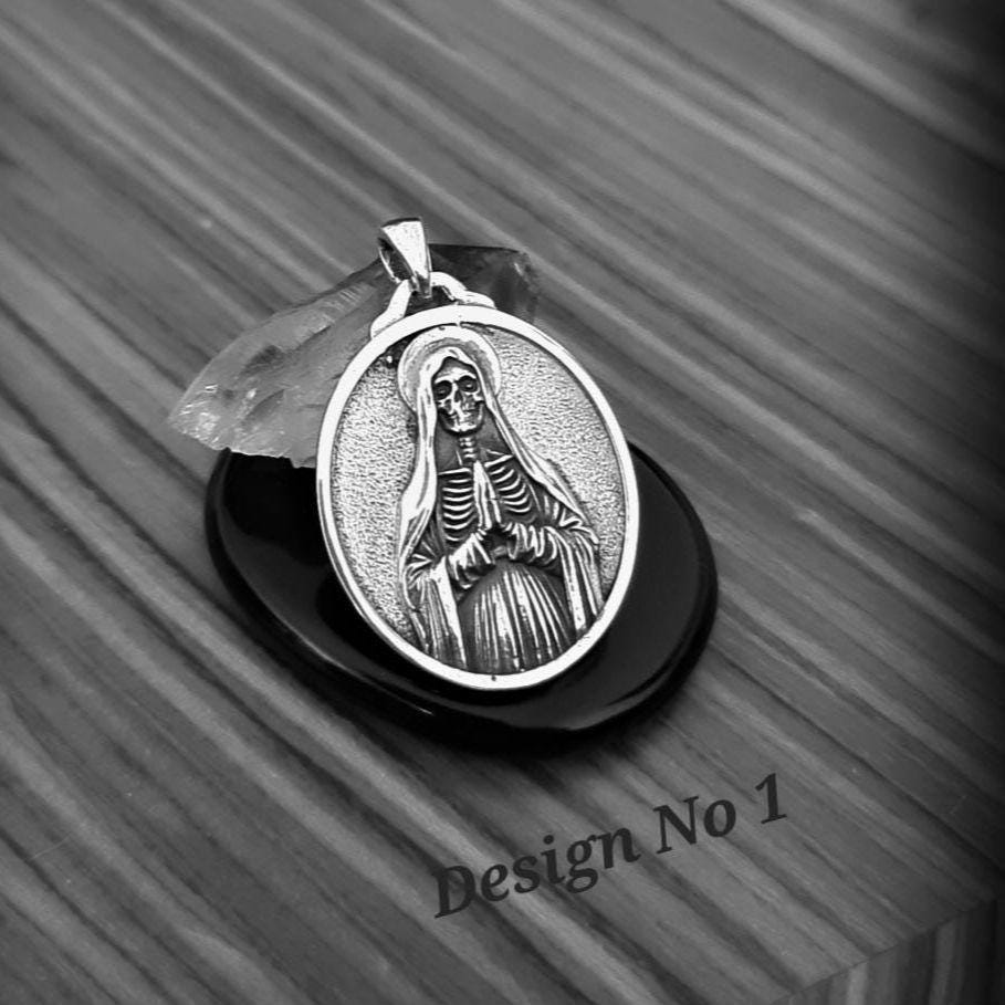 925 Silver Santa Muerte Pendant: Gothic Praying Skull Necklace