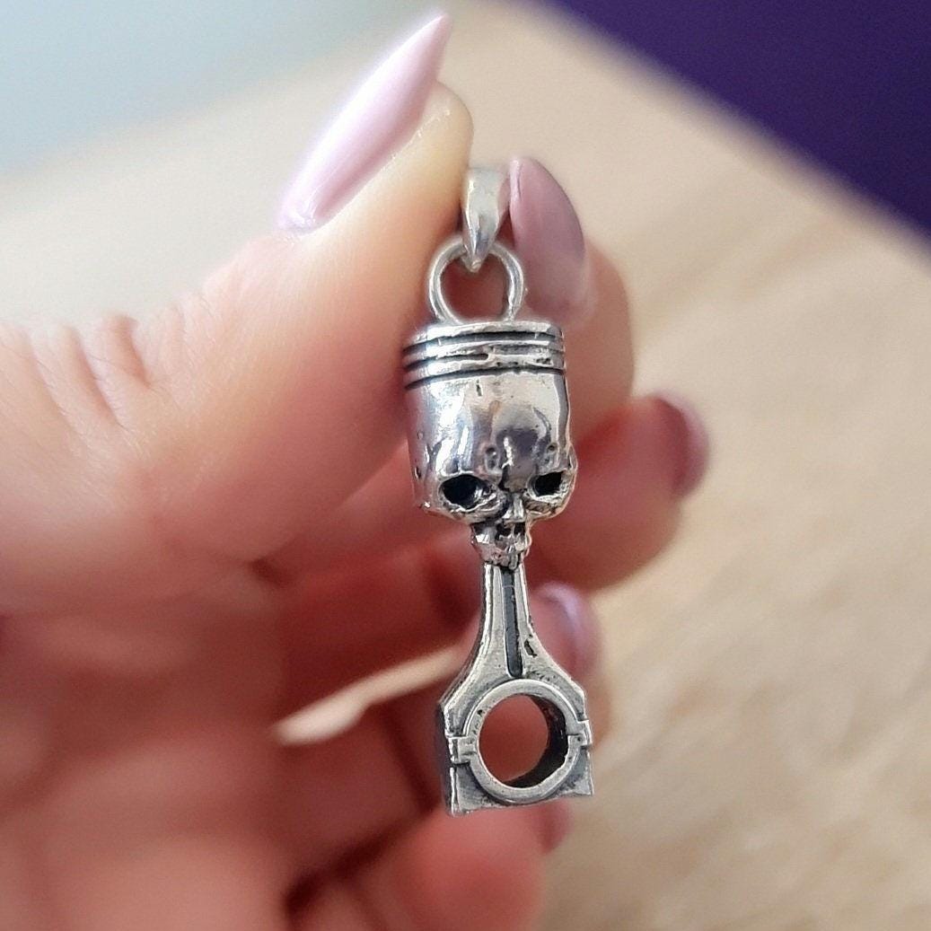 Handmade Sterling Silver Skull Piston Pendant - Gothic Biker Charm