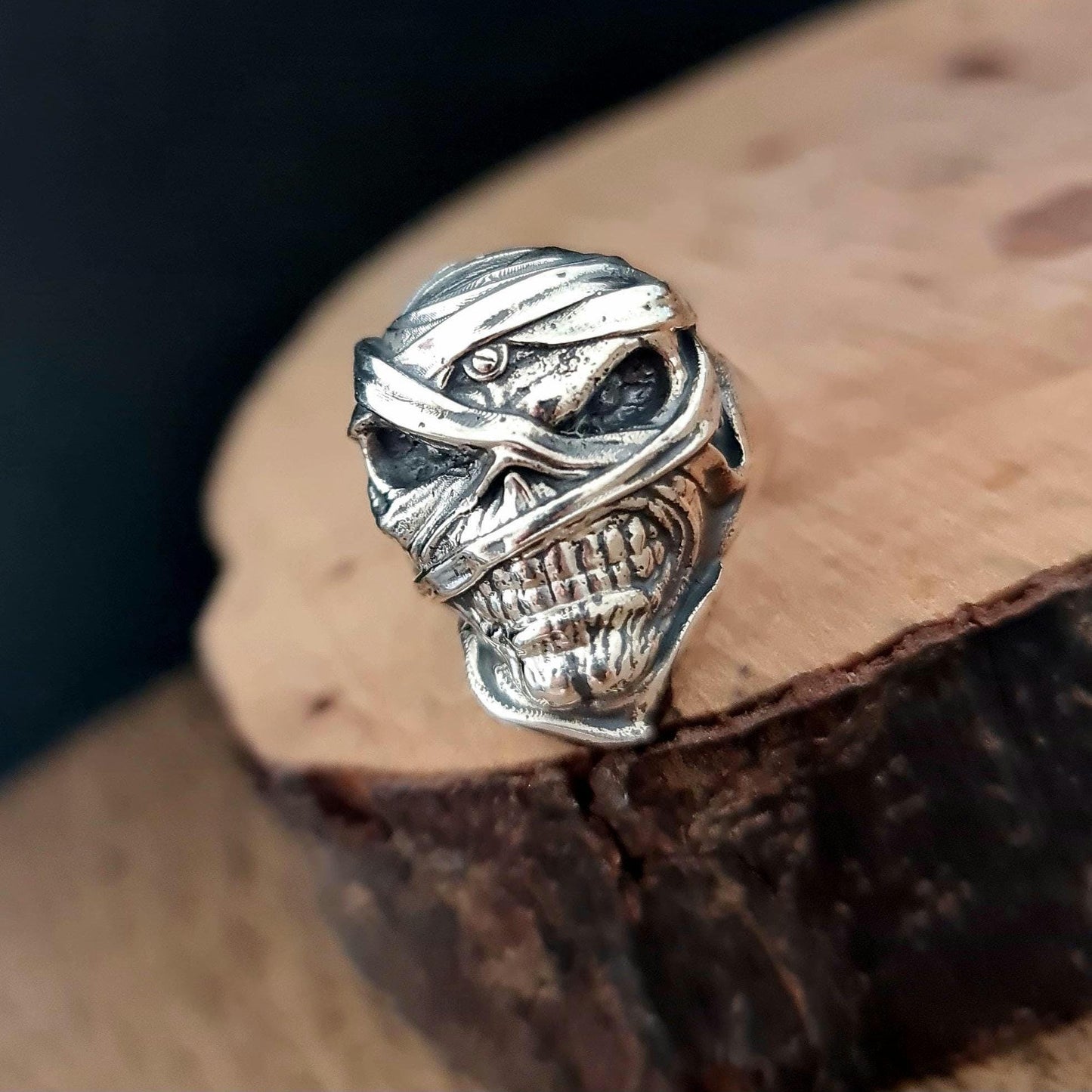 Iron Maiden Powerslave - Eddie Mummy Skull Ring – Egyptian Rock Jewelry – Unique Heavy Metal Statement Handmade Sterling Silver
