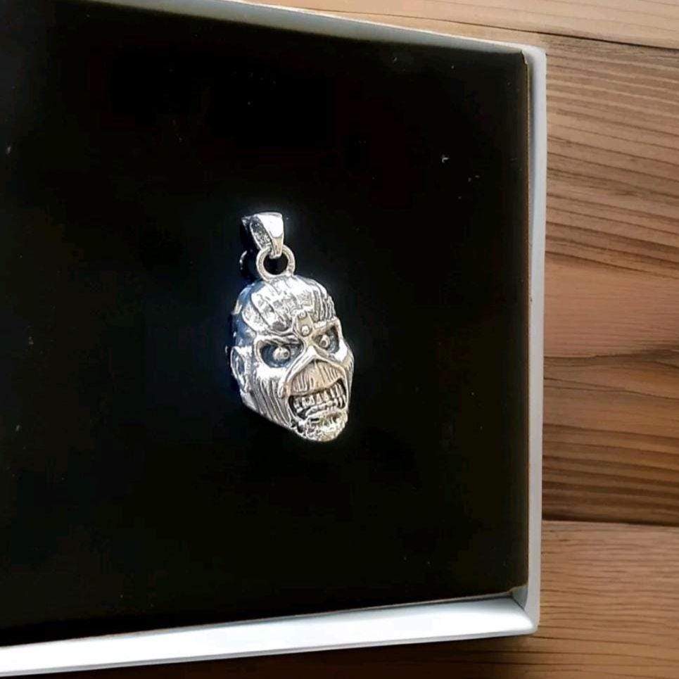 Handmade Sterling Silver IronMaiden Eddie Skull Pendant: Biker Rock Jewelry