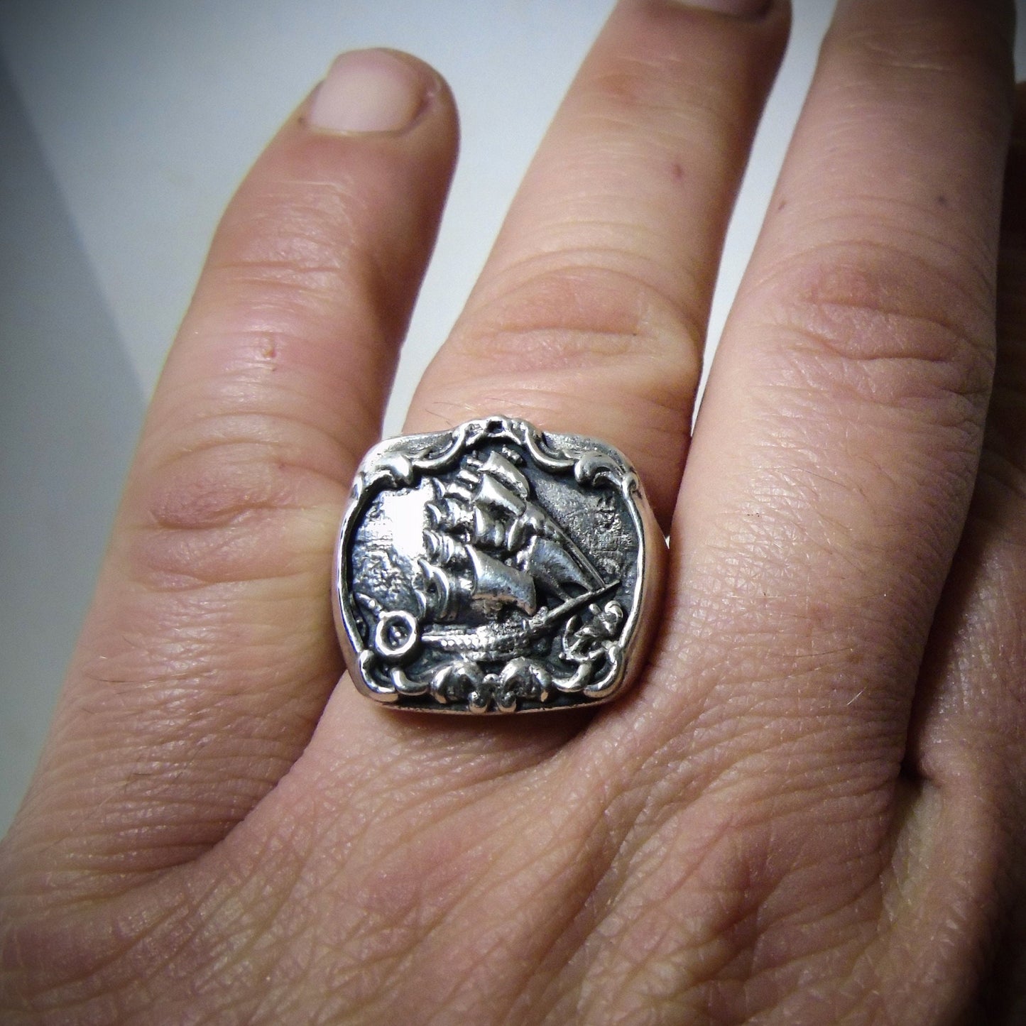 Handmade Sterling Silver Kraken Signet Ring: Gothic Pirate Ship Design