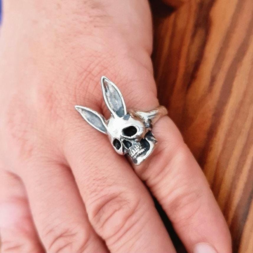 Handmade Sterling Silver Bunny Skull Ring: Gothic Statement Jewelry