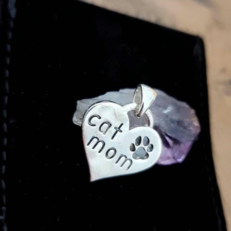 Handmade Sterling Silver Cat Mom Heart Pendant - Paw Print Charm
