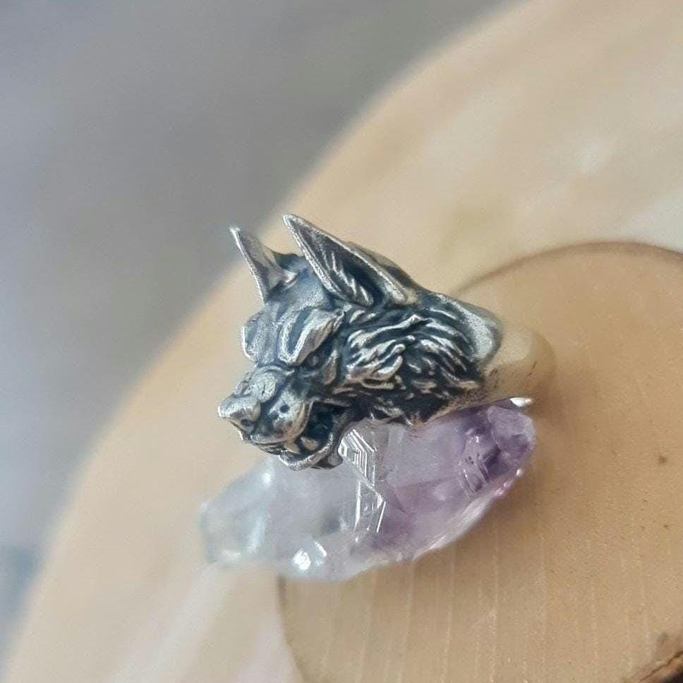 Handmade Sterling Silver Wolf Ring - Gothic Biker Jewelry