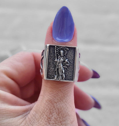 Handmade Santa Muerte Silver Ring: Divine Protection Skull Jewelry