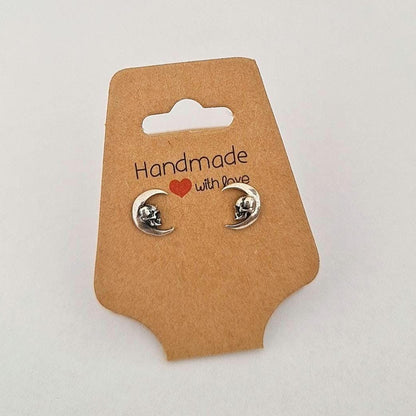 Handmade Gothic Skull Crescent Stud Earrings: 925 Sterling Silver