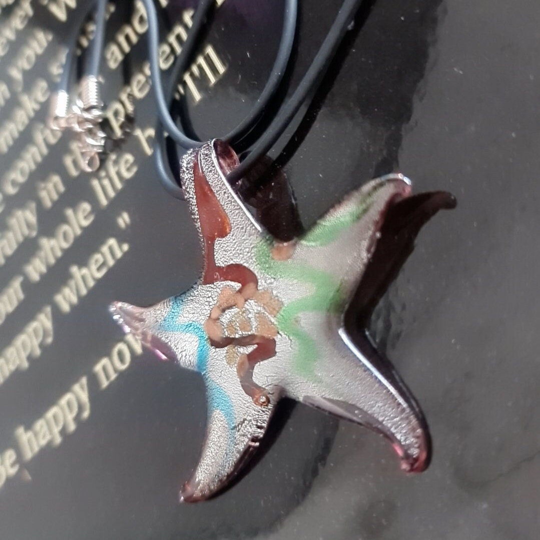 Oversized Murano Glass Starfish Pendant Necklace: Millefiori Glass