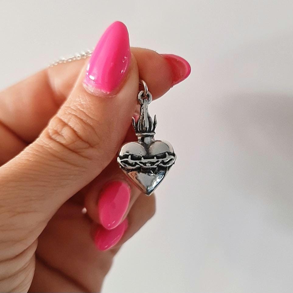 Sterling Silver Sacred Heart Necklace: Flame & Thorns, Catholic Gift