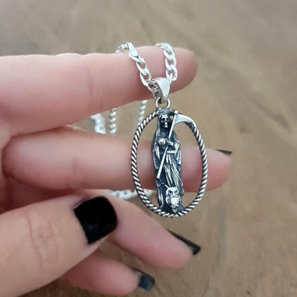 Handmade 925 Silver Santa Muerte Scythe Pendant Necklace: Gothic Style