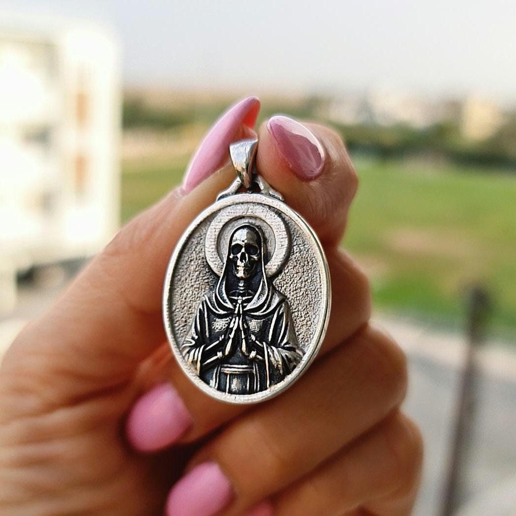 925 Silver Santa Muerte Pendant: Gothic Praying Skull Necklace