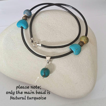 Genuine Turquoise Bead Necklace | 45 cm PU Cord with Silver Bail & Silver Clasp |December Birthstone