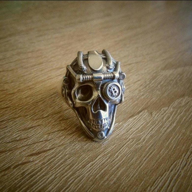Handmade Sterling Silver Bitcoin Skull Ring: Gothic Crypto Jewelry