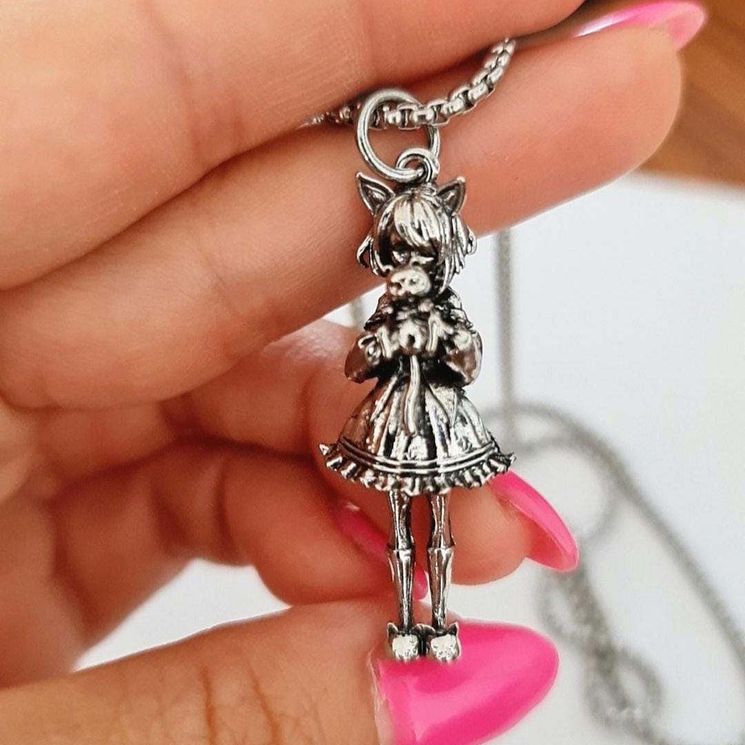 Anime Catgirl Necklace: Pewter Art Deco Pendant, Stainless Steel Chain