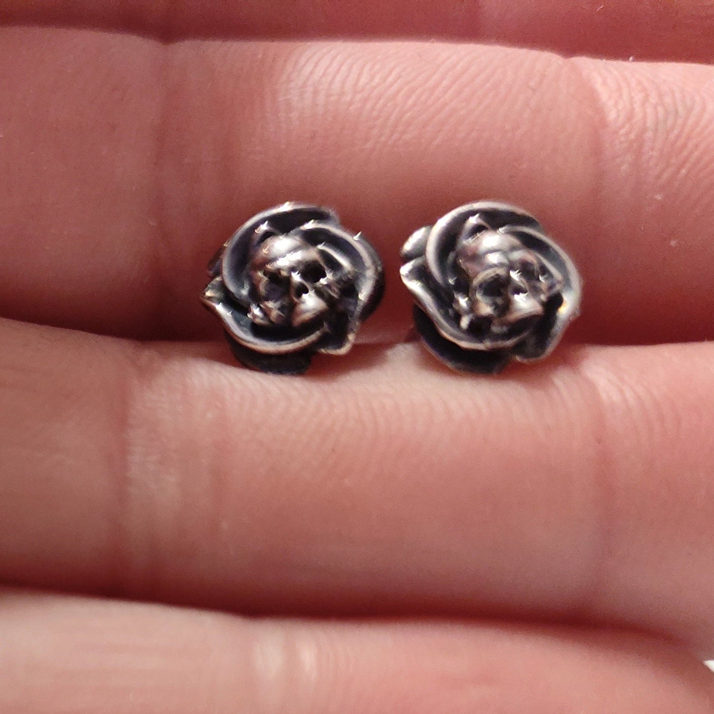 Roses and Skulls Stud Earrings - Gothic Style - Sterling Silver -