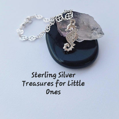 Children’s Sterling Silver Bracelets – Seahorse with Sparkling Stones & Little Princess Charm – 15cm Floral Chain