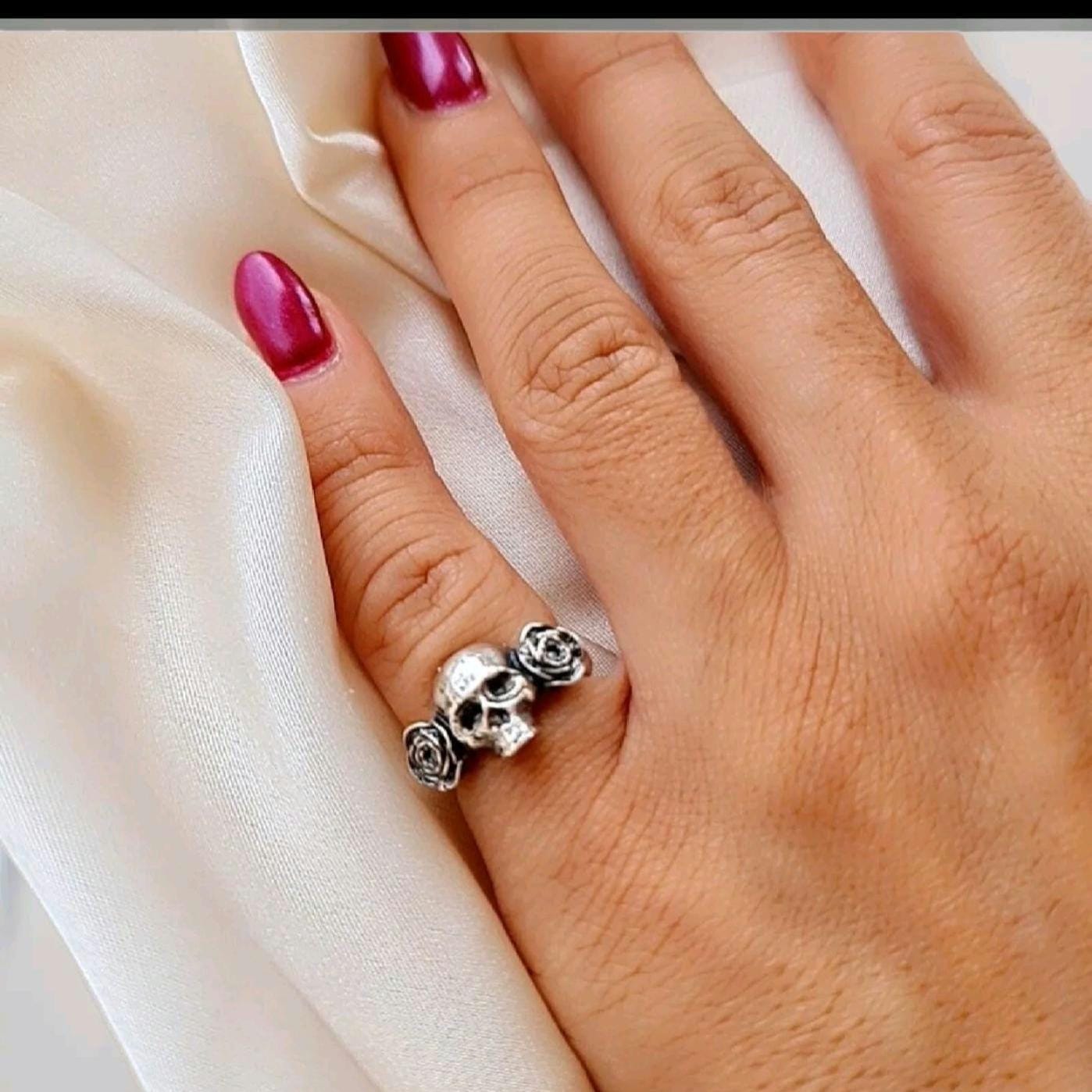 Handmade Sterling Silver Skull Ring with Roses: Edgy Gothic Jewelry