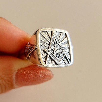 Masonic Square and Compass Symbol Ring - Solid Freemasonry Emblem for Men -925 Sterling Silver -
