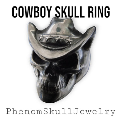 Handmade Sterling Silver Cowboy Skull Ring - Gothic Biker Jewelry