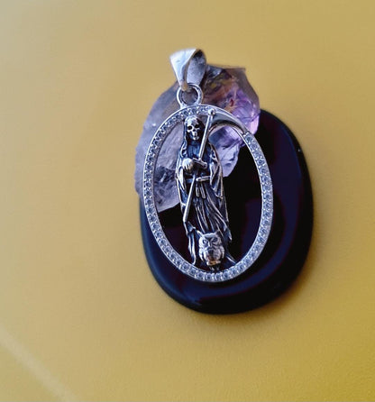 Handmade Silver Santa Muerte Pendant: Gothic Scythe Amulet with Zirconia