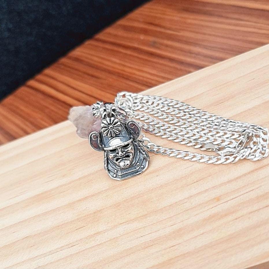 Handmade Sterling Silver Samurai Mask Pendant: Gothic Japanese Necklace