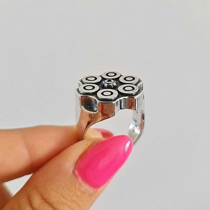 Bullet Revolver Ring - Ammo Signet Ring: Sterling Silver  Bullet Casing, Rebel Biker Style, Magnum Revolver Gun Cylinder Ring