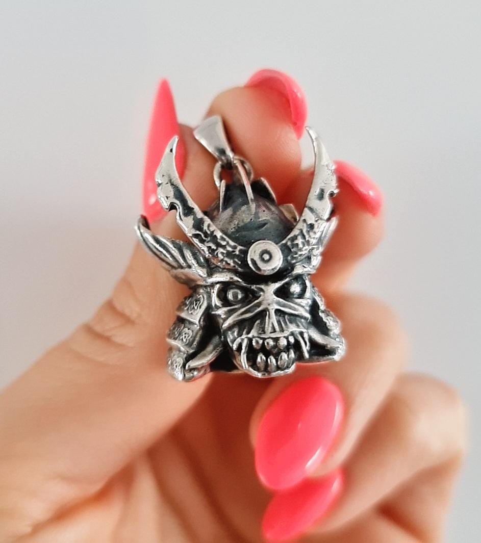 Handmade Sterling Silver Iron Maiden Senjutsu - Samurai Skull Pendant: Rocker Biker Jewelry