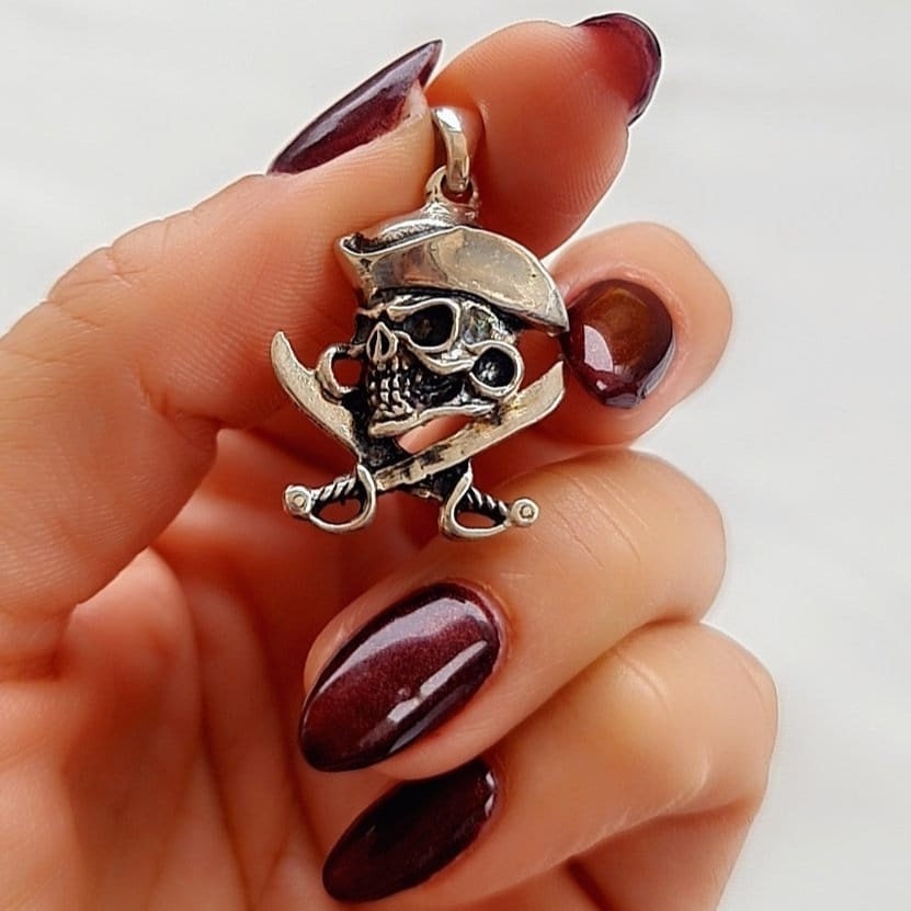 Handmade Silver Pirate Skull Necklace: Cross Swords Pendant