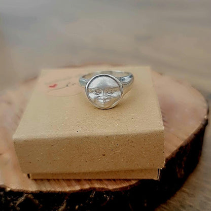 Handmade Sterling Silver Full Moon Face Ring: Celestial Jewelry
