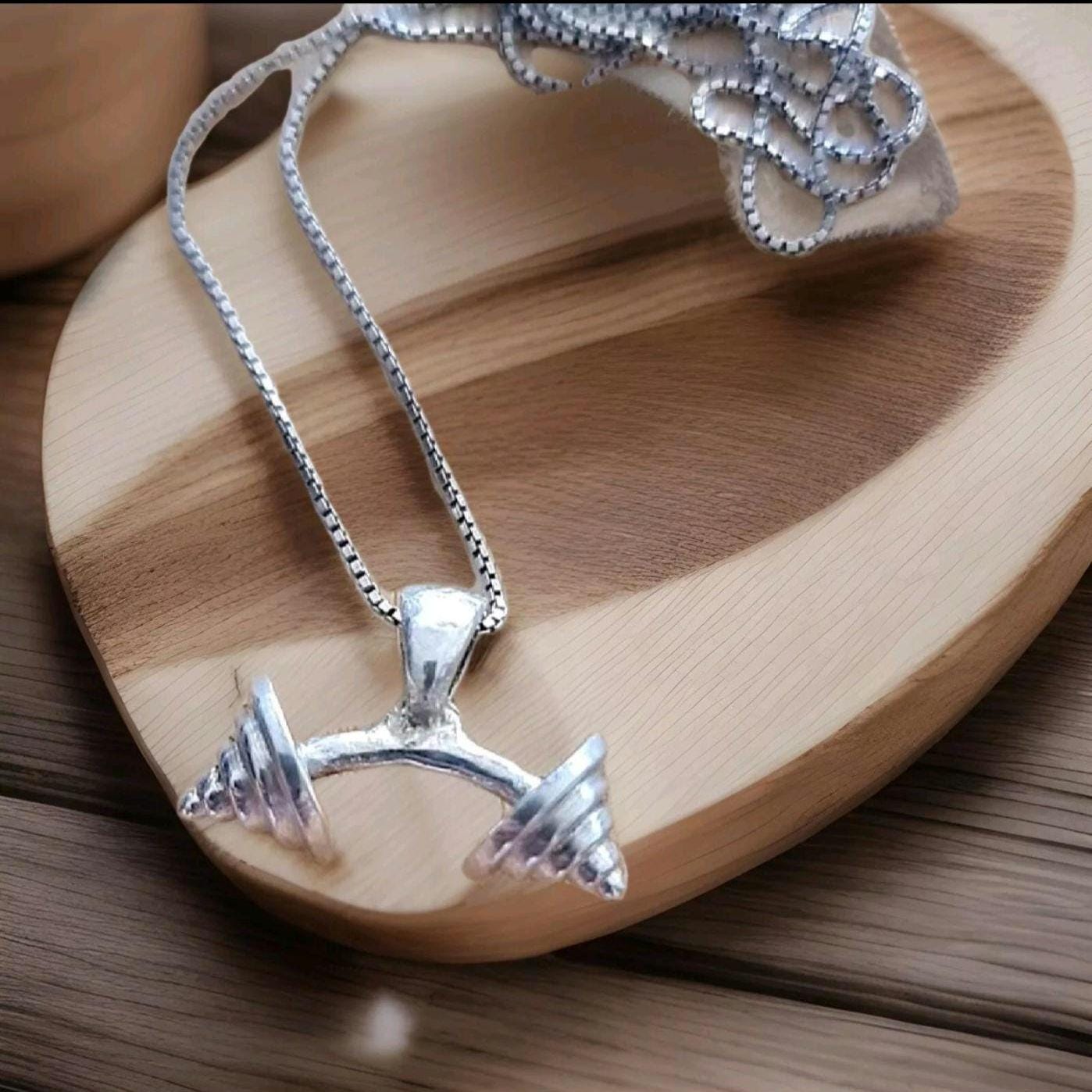 Handmade Silver Barbell Pendant: Fitness Motivation Jewelry
