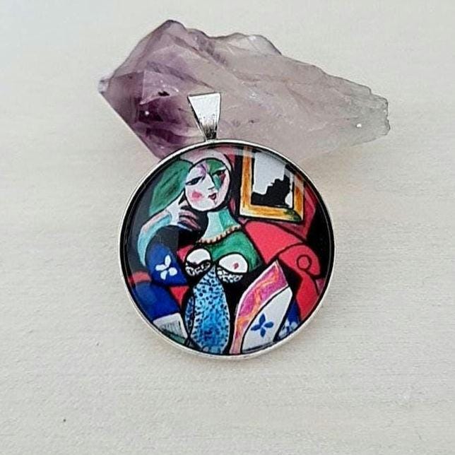 Picasso Art Nouveau Cabochon Necklace: 925 Sterling Silver Pendant