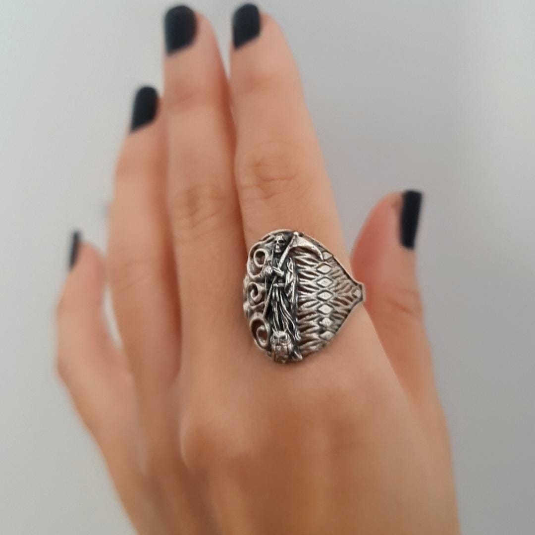Santa Muerte Ring  925 Silver  -Saint Death Ring with modern pattern solid  Ring