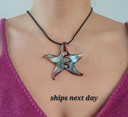 Oversized Murano Glass Starfish Pendant Necklace: Millefiori Glass