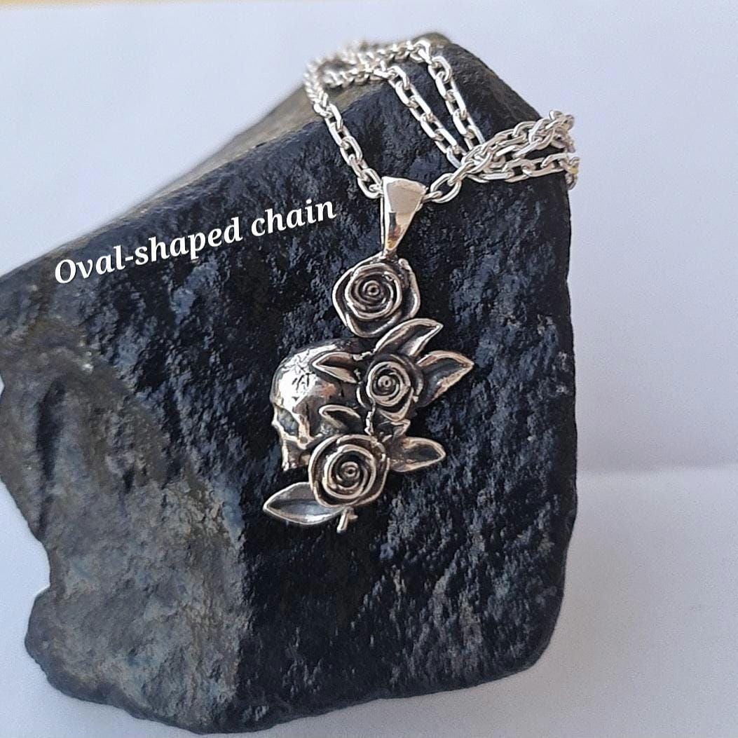 Gothic Skull & Roses Silver Pendant | Dark Rose Skull Charm | Alternative Witchy Jewelry
