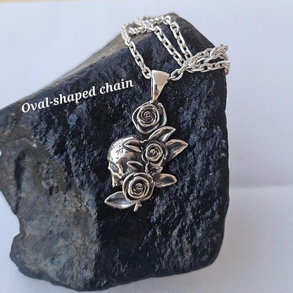 Gothic Skull & Roses Silver Pendant | Dark Rose Skull Charm | Alternative Witchy Jewelry