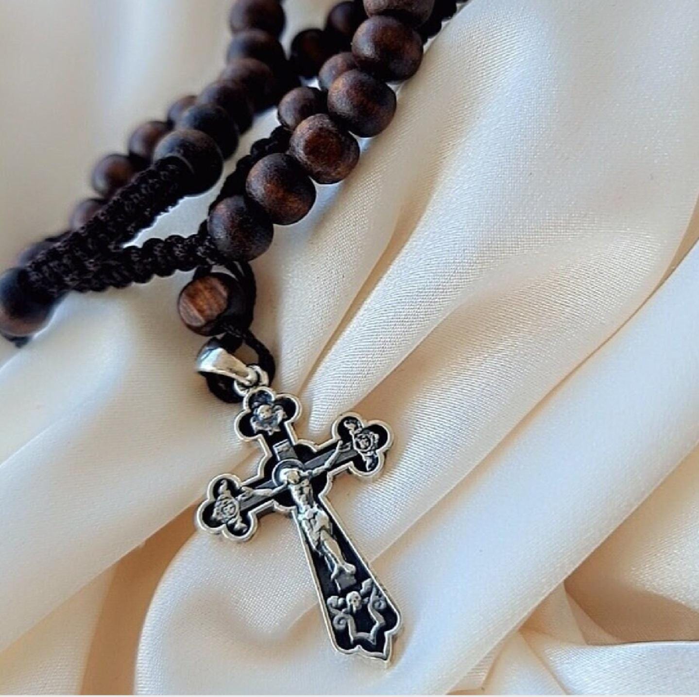 Handmade Sterling Silver Rosary Necklace: Jesus Crucifix Cross Pendant