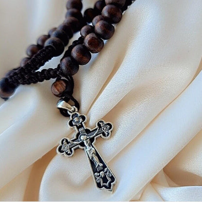 Handmade Sterling Silver Rosary Necklace: Jesus Crucifix Cross Pendant