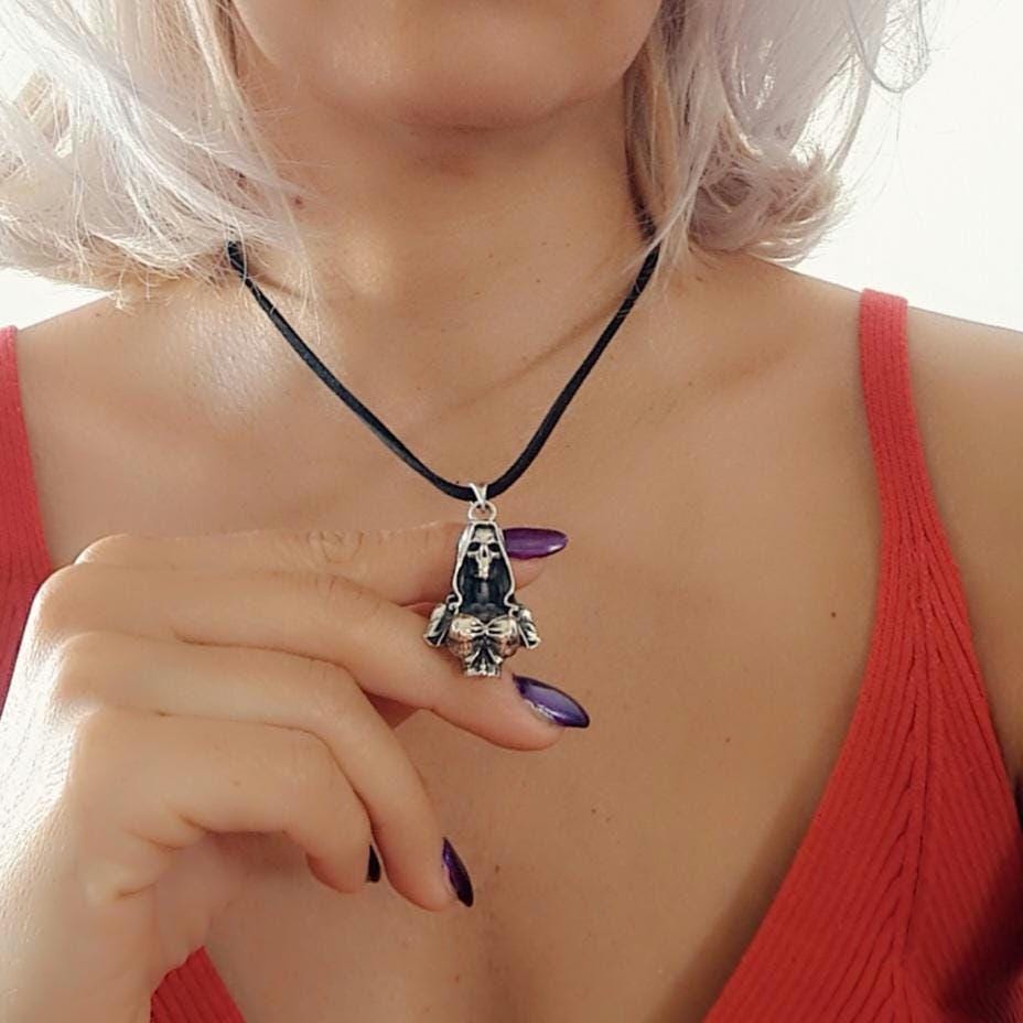 Silver Santa Muerte pendant - Skeleton Goddess in Hooded Cloak and Bow-Tied Top   Gothic Death Jewelry