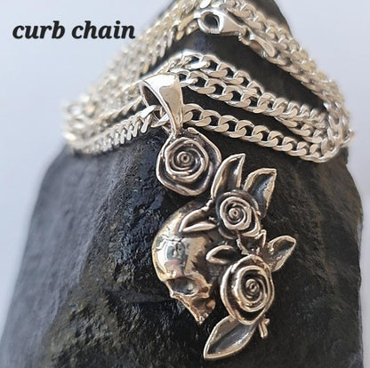 Gothic Skull & Roses Silver Pendant | Dark Rose Skull Charm | Alternative Witchy Jewelry