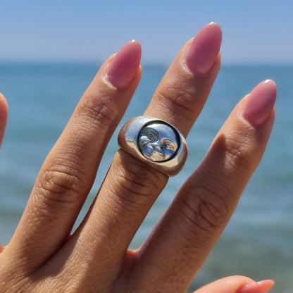 Handmade Sterling Silver Moon Face Ring - Celestial Jewelry